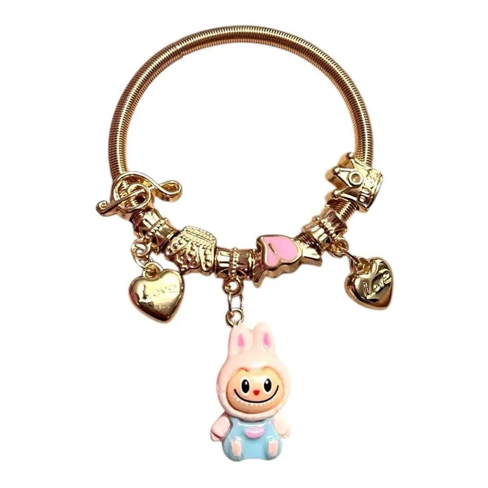 🤯5/$25🤯 Stretchy Pink Labubu Love Heart Crown Note Gold Child’s Charm Bracelet